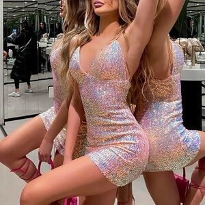 Iridescent Pink Sequin Bodycon Mini Dress